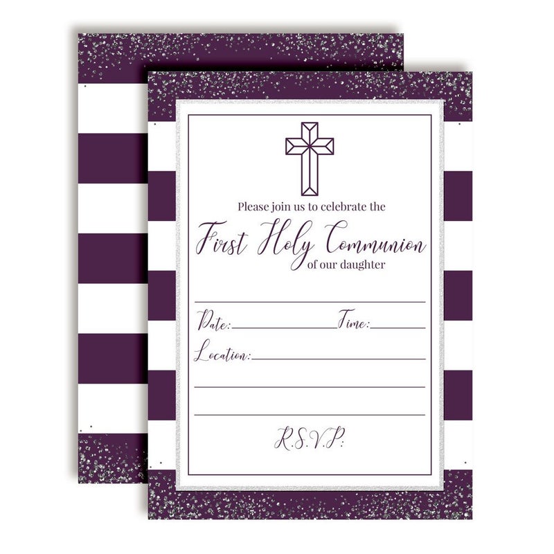 Amanda Creation Purple and Silver Stripes First Holy Communion Religious Party Invitations, 20 5x7 Fill In Cards with Twenty White Envelopes by AmandaCreation - Image 1